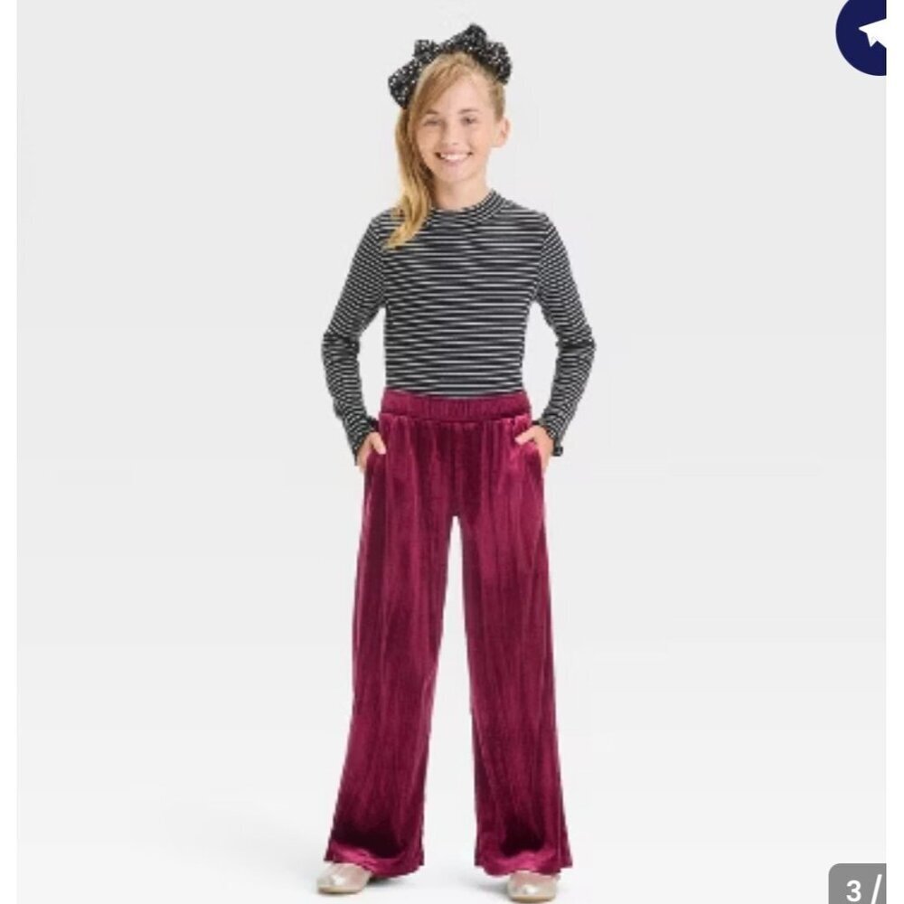 Cat & Jack Girls' Velvet Wide Leg Pants Burgundy S (6/7) NWT
